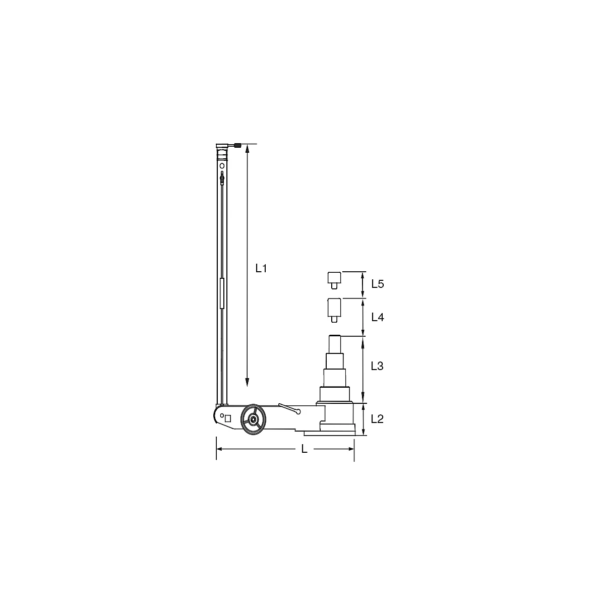 Technische Zeichnung eines Hebezeugs mit Maßangaben (L1-L5, L).